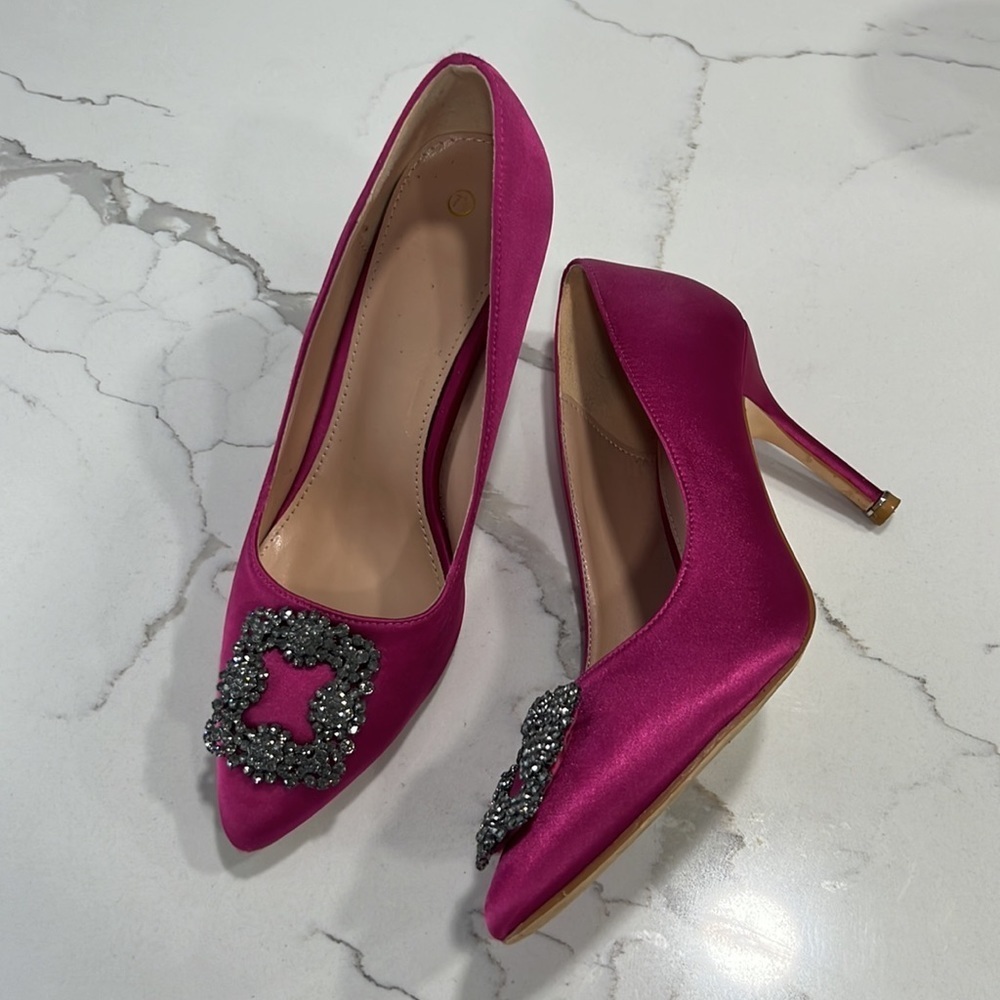 Pink Satin Heels Silver Gems Size 7.5